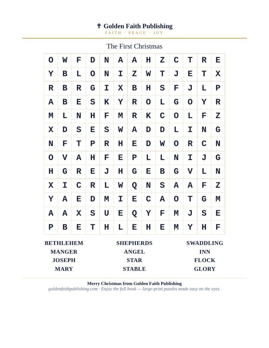 Large-print Christmas Bible word search puzzle page