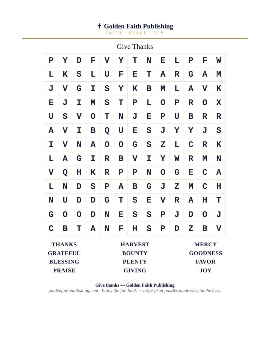 Large-print Thanksgiving Bible word search puzzle page